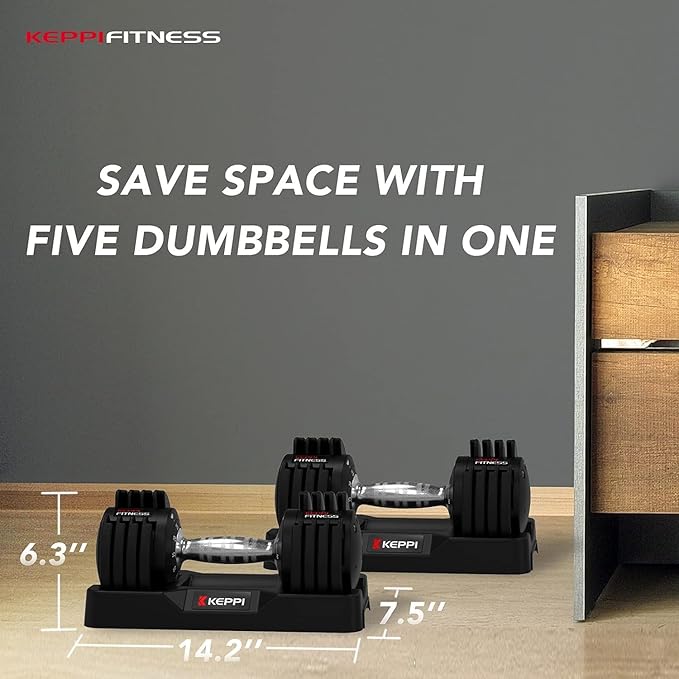 Keppi Adjustable Dumbbells Set-25lb/40lb/55lb/60lb, Anti-Slip Metal Fast Adjust Weight Handle, Exercise & Fitness for Full Body Workout - Adjustable Dumbbell Series