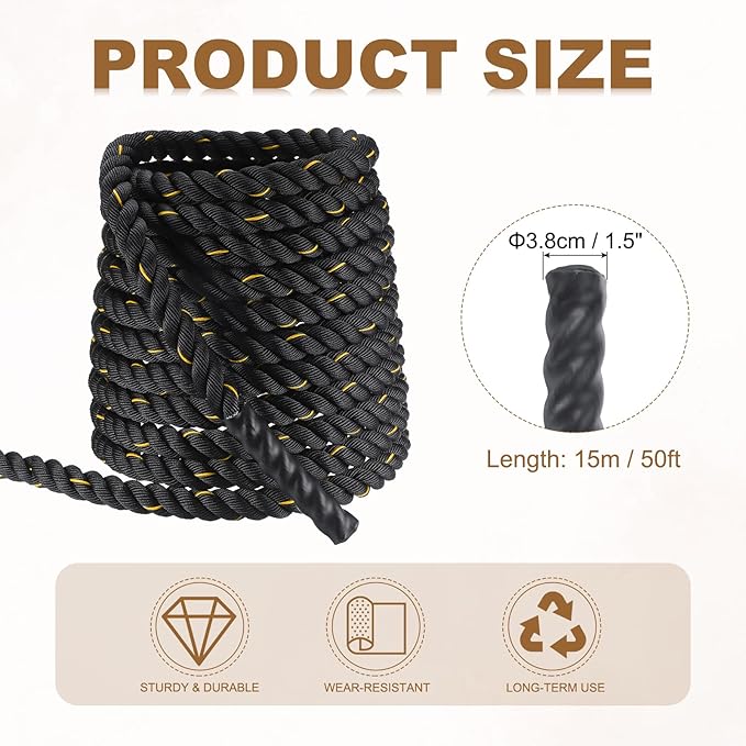MECCANIXITY Battle Rope 50ft x 1.5 Inch Polyester Workout Rope Heavy Fitness Exercise Rope for Strength Training Home Gym Muscle Building, Black Yellow