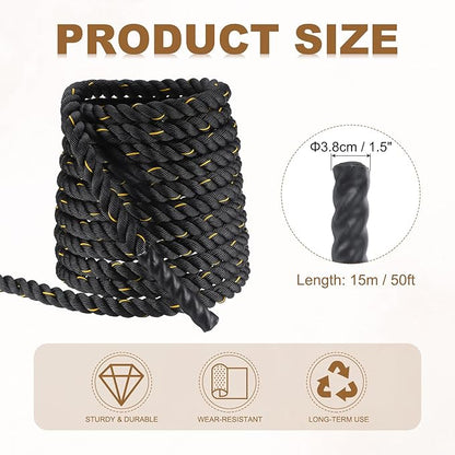 MECCANIXITY Battle Rope 50ft x 1.5 Inch Polyester Workout Rope Heavy Fitness Exercise Rope for Strength Training Home Gym Muscle Building, Black Yellow