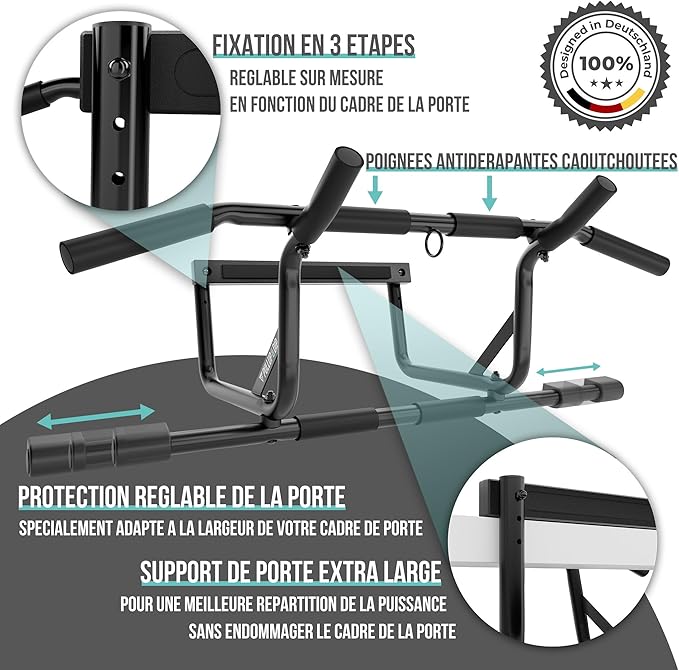 PULLUP & DIP Pull-up bar for door frames for hanging without screws and no slipping, professional door bar, pull-up bar with padded handles