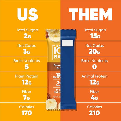 IQBAR Brain and Body Plant Protein Bars - Banana Nut - 24-Count Low Carb - Gluten Free, High Fiber, Vegan Snacks - Low Sugar Meal Replacement
