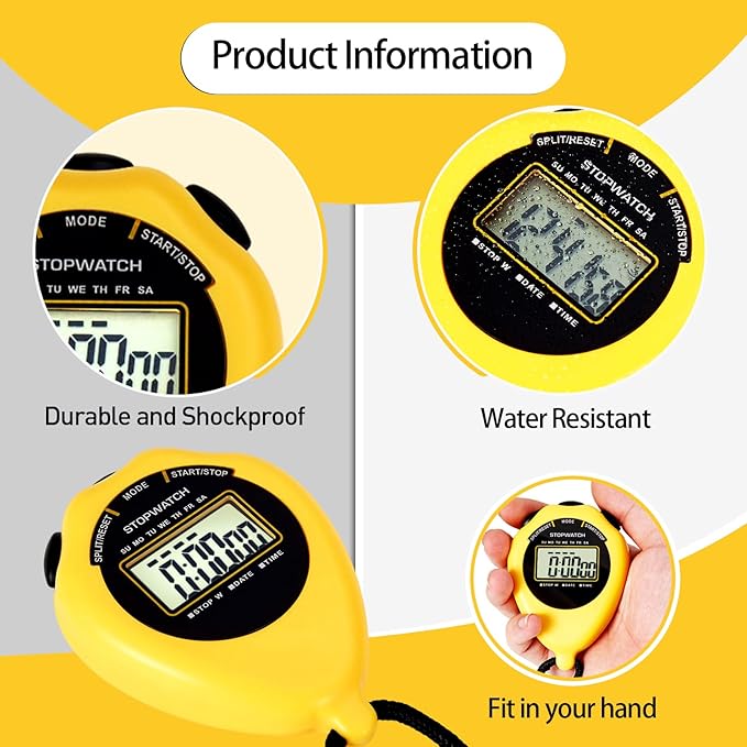 Stopwatch Sport Timer, 2 Pack Large Display Digital Stopwatch Timer with Date Time, No Alarm Silent Easy to Set Stopwatches for Sports, Coaches, Kids, Swimming and Running (Yellow)