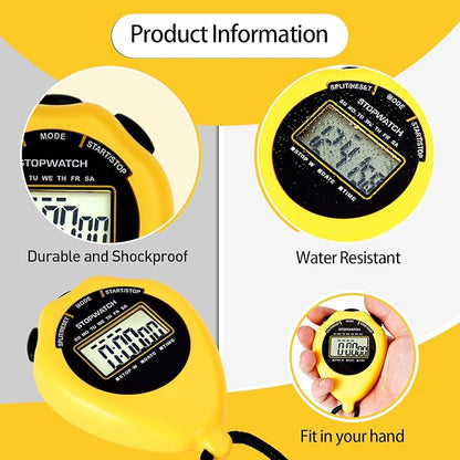 Stopwatch Sport Timer, 2 Pack Large Display Digital Stopwatch Timer with Date Time, No Alarm Silent Easy to Set Stopwatches for Sports, Coaches, Kids, Swimming and Running (Yellow)