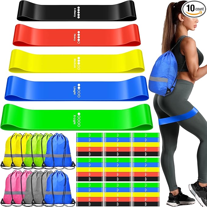 60 Pcs Workout Loop Resistance Bands Bulk, Gym Elastic Bands Set for Fitness Sport Class Students Members Gift Physical, 5 Pieces Each Set, with Large Drawstring Backpack Bags