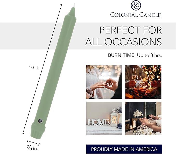 Colonial Candle Unscented Taper Candle, Classic Collection, Colonial Classic Green, 10 In, Pack of 12 - Up to 8 Hours Burn