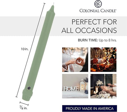 Colonial Candle Unscented Taper Candle, Classic Collection, Colonial Classic Green, 10 In, Pack of 12 - Up to 8 Hours Burn