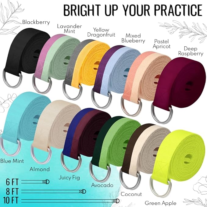 TECEUM Yoga Strap & Mat Strap – 2 IN 1 – Cotton – 6 ft 8 ft 10 ft (30+ colors) – Adjustable Non-Slip Belt for Yoga, Pilates, Stretching, Physical Therapy, Fitness & Home Workout – For Carrying Mats