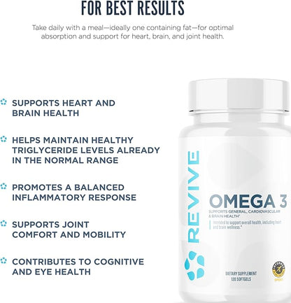 Revive MD Omega 3 Fish Oil Supplements for Men & Women - Omega 3 Softgels with EPA & DHA Fatty Acids for Healthy Skin & Joints, Heart & Brain Support - Vegan-Friendly, Gluten-Free - 120 Softgels