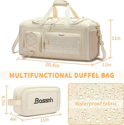 Bosstin Gym Bag for Women & Men, 45L Travel Duffle Sports Duffel Bag Gym Weekender Overnight Backpack with Shoe Compartment (4Beige)