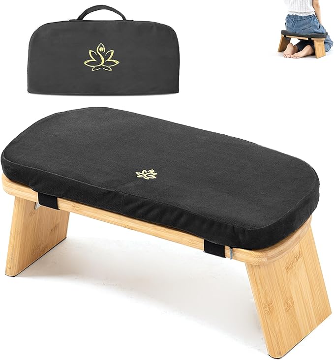 Meditation Bench, Bamboo Meditation Stool, Folding Kneeling Meditation Bench, Seiza Prayer Bench, Prayer Bench with Meditation Cushion, Kneeling Stool (Black & Bag)