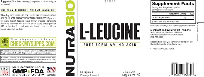 NutraBio L-Leucine Supplement - Optimal Amino Acid for Muscle Growth & Recovery - Naturally Fermented Free Form Leucine Amino Acids Supplement- Vegan, Non-GMO, Gluten Free - 400mg, 180 Capsules