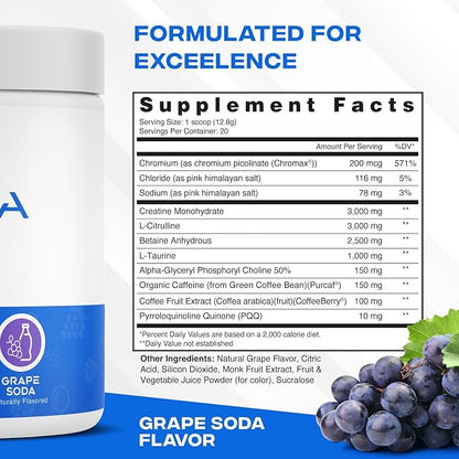 XEELA Pre Workout Powder - Clean & Tested - Jitter Free, Safe, and Natural - Increase Thermogenic Energy, Focus, and Endurance w/Creatine, Organic Caffeine, and Plant Based Citrulline (Grape Soda)