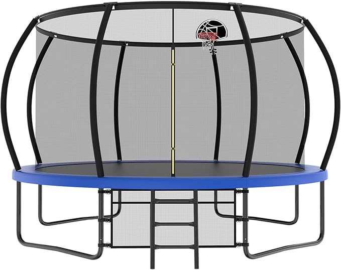 12 14 15 16FT Outdoor Trampolines for Kids and Adults, Pumpkin Trampolin with Curved Poles, Recreational Trampolin with Basketball Hoop and Safety Enclosure Net for Kids and Adults
