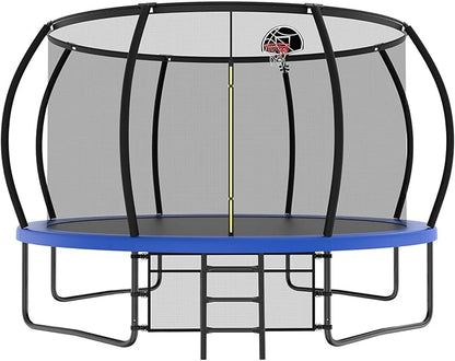 12 14 15 16FT Outdoor Trampolines for Kids and Adults, Pumpkin Trampolin with Curved Poles, Recreational Trampolin with Basketball Hoop and Safety Enclosure Net for Kids and Adults