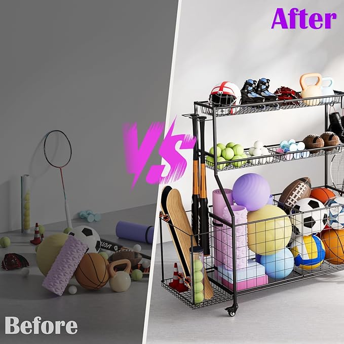 Sports Equipment Organizer, Outdoor Toy Storage - Garage Storage with 2 Side Racks & Removable Baskets, Heavy-Duty Garage Organization Ball Cart with Wheels for Sports