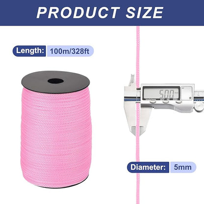 MECCANIXITY 3/16" Polypropylene Rope Braided Ropes, 328ft Camping Rope Hollow Utility Cord for Clothesline, Hiking, Outdoor, Light Pink