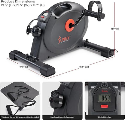 Sunny Health & Fitness Smart Under-Desk Bike Exerciser, Low-Impact Cardio Cycling Equipment for Home/Office, Mini Paddler for Arm/Leg Mobility Training, Free SunnyFit App Connect, Optional Motorized