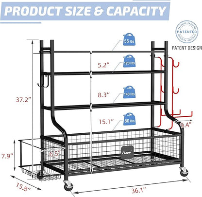 PLKOW Dumbbell Rack, Weight Rack for Dumbbells, Home Gym Storage for Dumbbells Kettlebells Yoga Mat and Balls, All in One Workout Storage with Wheels and Hooks, Powder Coated Finish Steel