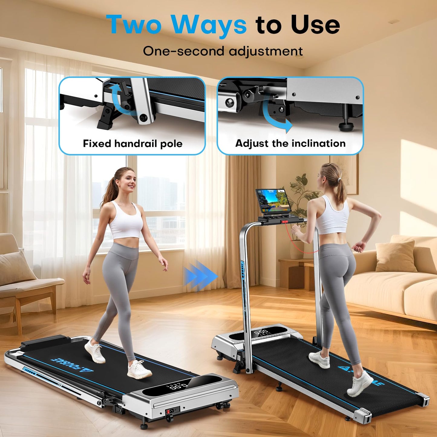 FOUSAE 5 in 1 Foldable Treadmill, 7.5 MPH Treadmills for Home with App Compatible, Treadmill with