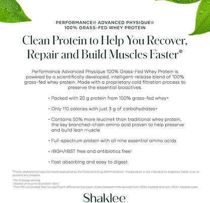 Shaklee - Performance® Advanced Physique® 100% Grass-Fed Whey Protein: Fast-Absorbing Formula - 20g Protein 110 Calories - Chocolate - 20 Servings