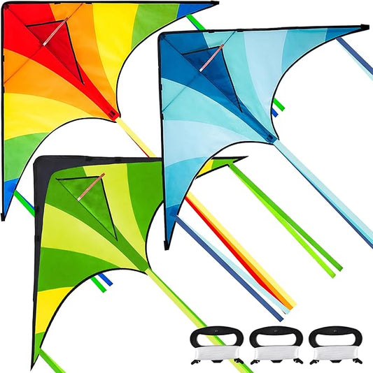 JOYIN 3 Packs Large Delta Kite Green, Blue and Rainbow, Easy to Fly for Kids with 262.5 ft String