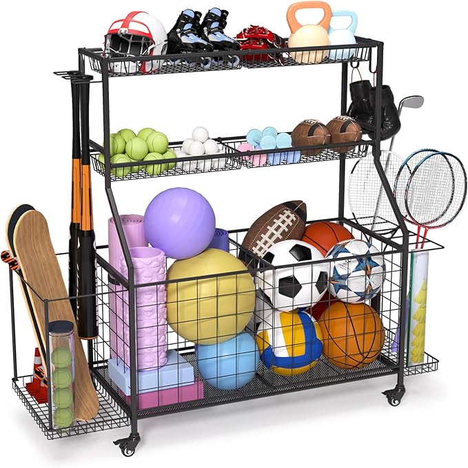 Sports Equipment Organizer, Outdoor Toy Storage - Garage Storage with 2 Side Racks & Removable Baskets, Heavy-Duty Garage Organization Ball Cart with Wheels for Sports