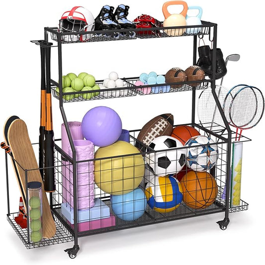 Sports Equipment Organizer, Outdoor Toy Storage - Garage Storage with 2 Side Racks & Removable Baskets, Heavy-Duty Garage Organization Ball Cart with Wheels for Sports