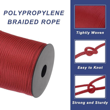 MECCANIXITY 5/32 Inch Polypropylene Rope Braided Ropes, 328ft Camping Rope Hollow Utility Cord for Clothesline, Hiking, Outdoor, Wine Red