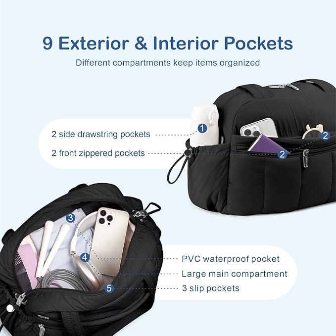 TOPDesign Travel Duffel Bag for Women, Puffer Gym Bag Sports Tote with Wet Pocket, Carry On Weekender with Luggage Sleeve (Black)