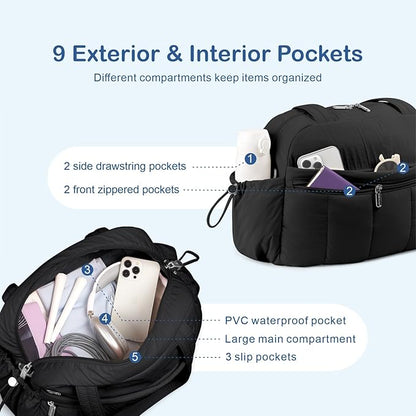 TOPDesign Travel Duffel Bag for Women, Puffer Gym Bag Sports Tote with Wet Pocket, Carry On Weekender with Luggage Sleeve (Black)