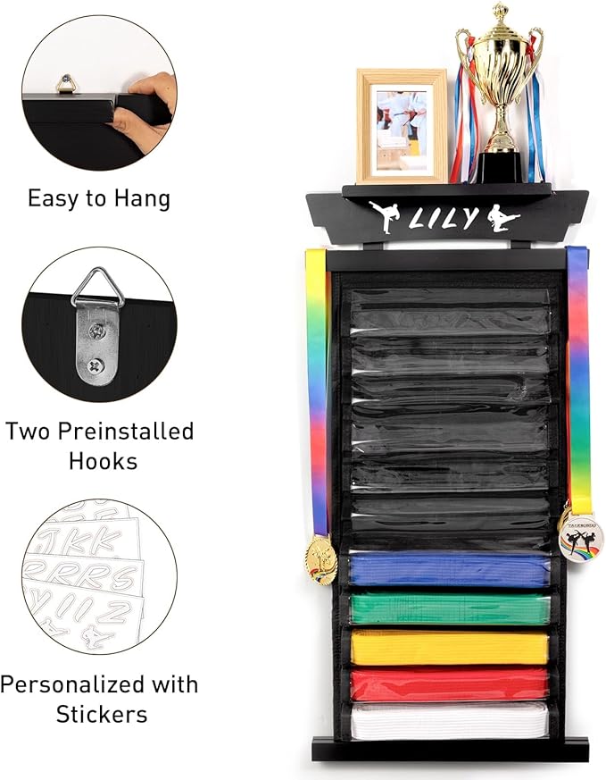 Tilhumt 12/10 Belts Karate Belt Display Rack with Stickers, Taekwondo Belt Display with Trophy/Photo Rack, Felt Dustproof Design, Easy to Put in Belt, Martial Arts Belt Display for Adults