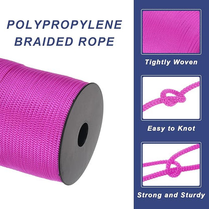 MECCANIXITY 5/32 Inch Polypropylene Rope Braided Ropes, 328ft Camping Rope Hollow Utility Cord for Clothesline, Hiking, Outdoor, Rose Red