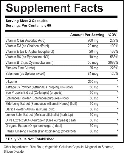 L-Lysine + Cold Sore Immune Support Supplement – with Vitamin C, Zinc, Bee Propolis, Lemon Balm & 9-in-1 Herbal Complex – Promotes Lip & Skin Health – Antioxidant Immune Formula – 120 Ct