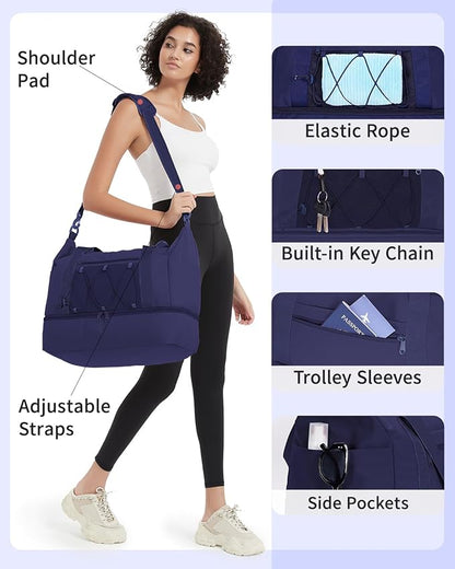 sportsnew Gym Travel Bag for Women, Large Travel Duffel with Shoe Compartment and Wet Pocket, Water Resistant Weekender Overnight Carry on Sports Tote Bags, Navy Blue, patent pending