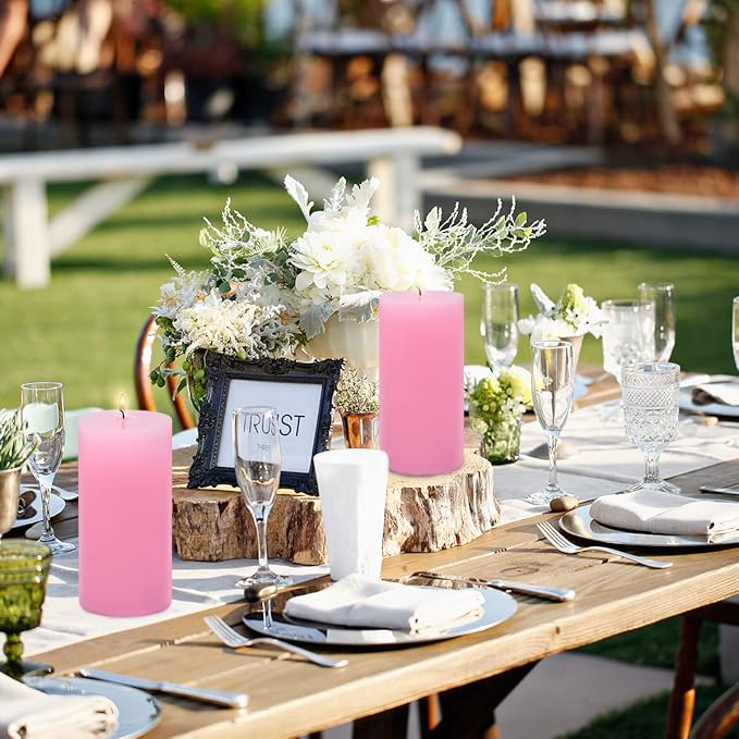 3 Packs 2.8x6 Inch Pink Pillar Candles, Unscented Dripless Large Wax Cylinder Column Candles for Power Outages Emergency Party Backyard Gathering - 70 Hour Burn Time