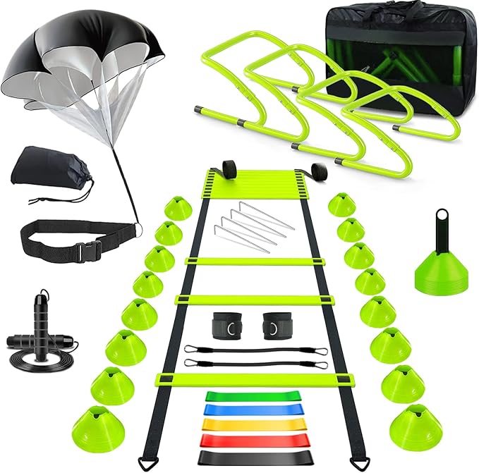 Agility Training Equipment, Football Training Equipment Includes 20FT Agility Ladder,4 Adjustable Agility Hurdles, 12 Football Cones, Parachute, for Training Soccer Basketball Athletes