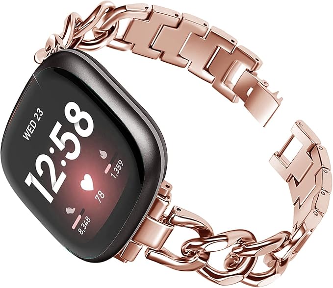 Cool Women Chain Metal Smartwatch Bands Compatible for Fitbit Sense/Fitbit Versa 3 Bands for Dressy Women, Metal Wristband Strap for Fitbit Sense 2/Versa 4 (Rose Gold)