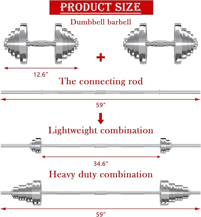 VIVITORY Fitness Dumbbells Set, Adjustable Weight Sets up to 11/22/44/66/110 lbs, with Metal Connecting Rod Used As Barbell, Chromed Weights, Hardcover Gift Box, Home Gym Work Out Training Equipment