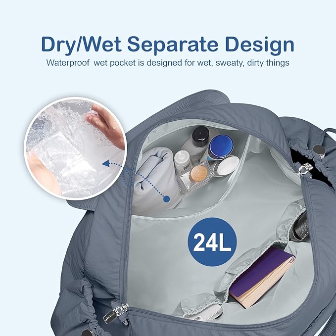 TOPDesign Travel Duffel Bag for Women, Puffer Gym Bag Sports Tote with Wet Pocket, Carry On Weekender with Luggage Sleeve (Blue Grey)