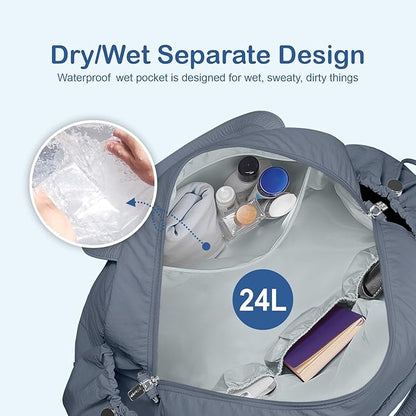 TOPDesign Travel Duffel Bag for Women, Puffer Gym Bag Sports Tote with Wet Pocket, Carry On Weekender with Luggage Sleeve (Blue Grey)