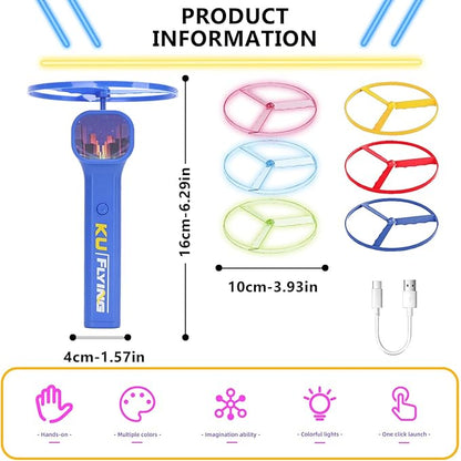 Yuzee Electric Flying Disc Launcher Toy - Outdoor Games Light Up Frisbee, with Light and 6 Flying Spinner, Rechargeable Transmitter Stick, Sports and Outdoor Summer Flying Toys for Kids and Adults (A)