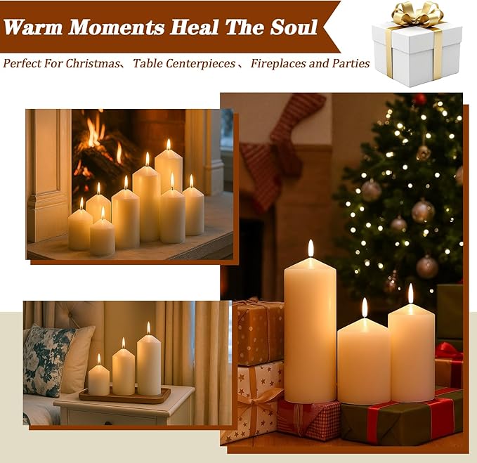 Ivory Pillar Candles Bulk Set of 12ï¼? Different Lengths 3 x 3/6/8 Inch (4 Each)，Hurricane Candles，Dripless Unscented Smokeless，Gives You a Better Atmosphere When Organizing an Event Party.