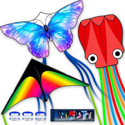 3 Piece Set Butterfly Delta Octopus Kites for Kids and Adults，Easy to Fly for Outdoor Adults Children Line Kite for Kids Toy (Gradient Grassland Rainbow+Octopus Red+Blue Dreamy Butterfly, 3)