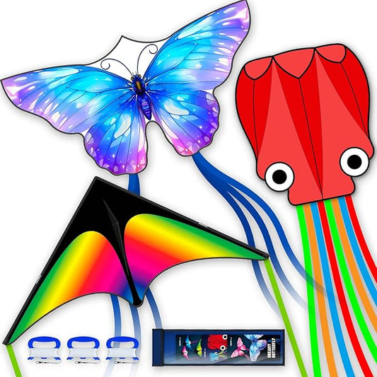 3 Piece Set Butterfly Delta Octopus Kites for Kids and Adults，Easy to Fly for Outdoor Adults Children Line Kite for Kids Toy (Gradient Grassland Rainbow+Octopus Red+Blue Dreamy Butterfly, 3)