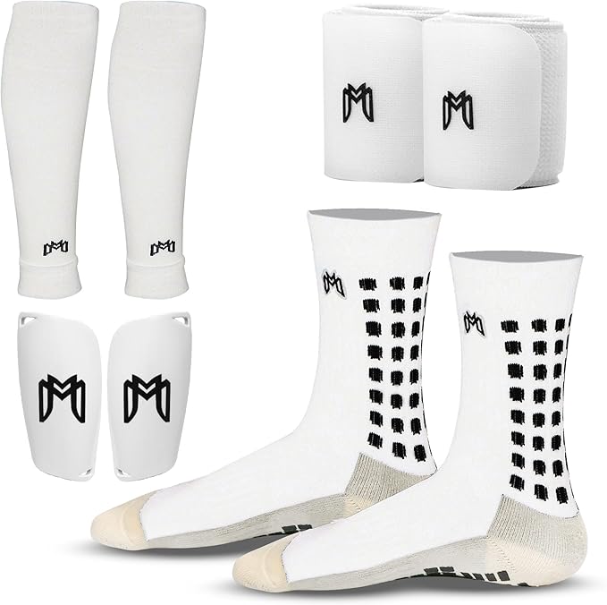 Soccer Grip Socks, Shin Guards, Pre Cut Sock Sleeves, and Guard Straps Bundle Pack - Essential Equipment for Soccer Players - for Mens, Women, Youth, Size 7 to 12 US Men Shoe Size