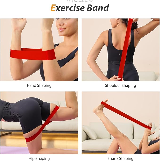 5 in 1 Foam Roller Set - Trigger Point Foam Back Roller, Muscle Roller Stick, Massage Ball, Stretching Band for Deep Muscle Massage Pilates Yoga,Fitness Exercise for Whole Body Release (Pure Orange)