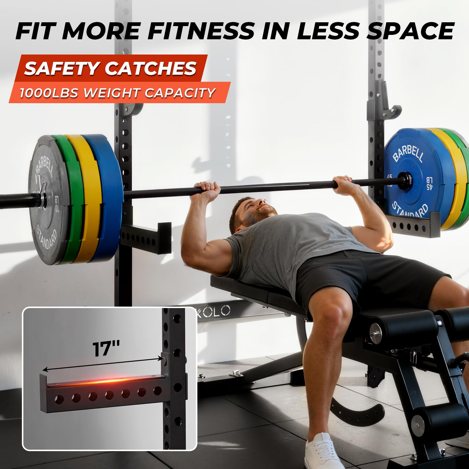 Mikolo 2" x 2" Folding Wall Mounted Squat Rack, 1000 Pounds Capacity Power Rack with Safety