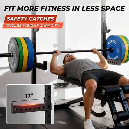 Mikolo 2" x 2" Folding Wall Mounted Squat Rack, 1000 Pounds Capacity Power Rack with Safety