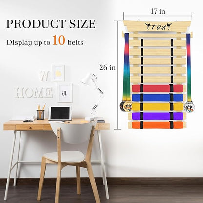 10 Belts Karate Belt Display Rack with Stickers, Taekwondo Belt Display, Martial Arts Belt Display Holder, Jiu Jitsu BJJ Belt Display Hanging Holder for Kids and Adults Gifts