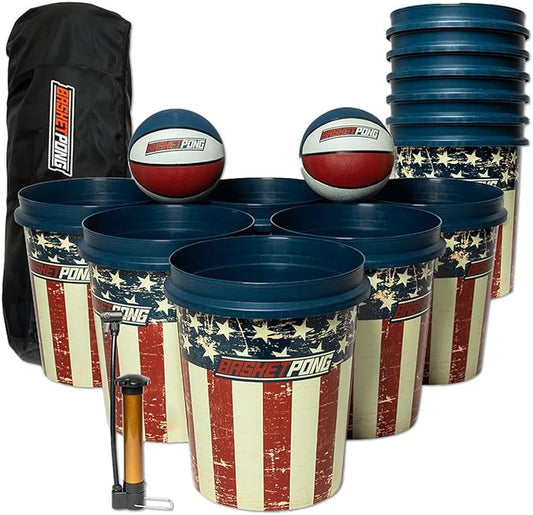 USA – Giant Yard Pong and Basketball Game with 12 Buckets, 2 Balls, Carrying Bag, and Air Pump